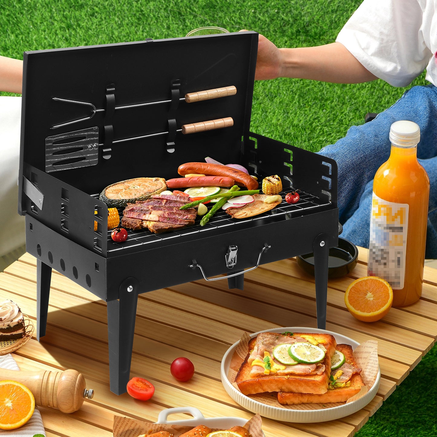 Portable Charcoal Grill with Lid and Adjustable Height