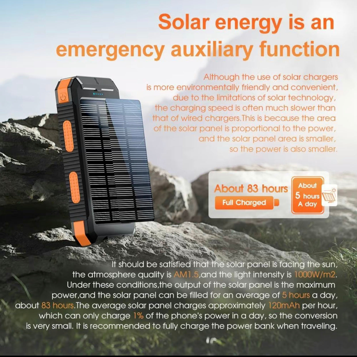 8 000 mAh Power Bank – Dual USB, Triple‑LED Flashlight & Solar Panel