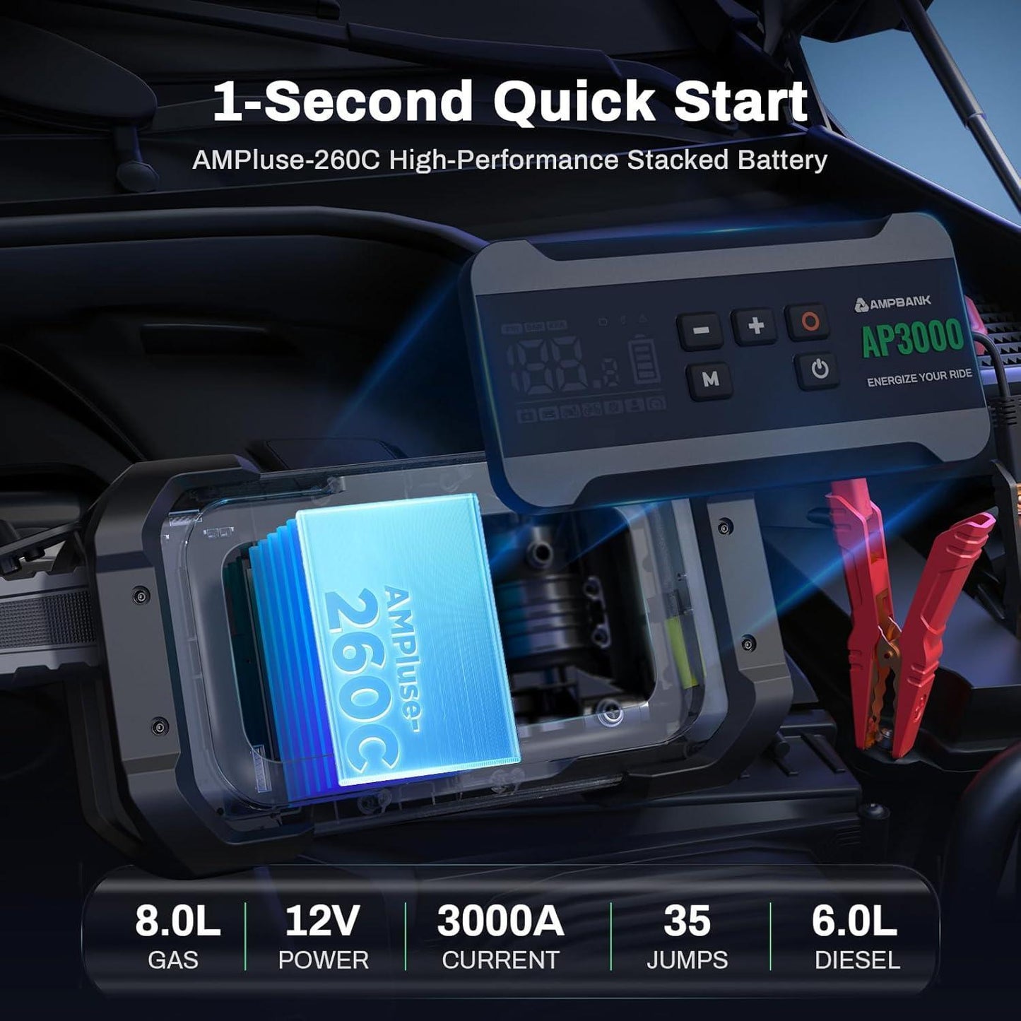 3000A Portable Car Emergency Jump Starter with Inflator, LED & Fast Charging