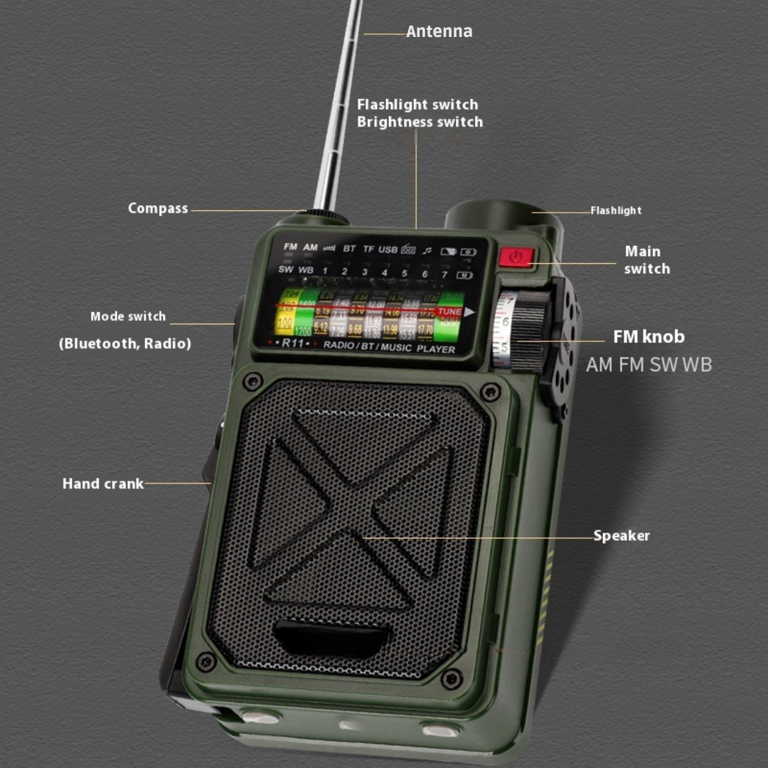 Radio Emergency Hand Power Generator | Solar + Type-C + Bluetooth + Flashlight