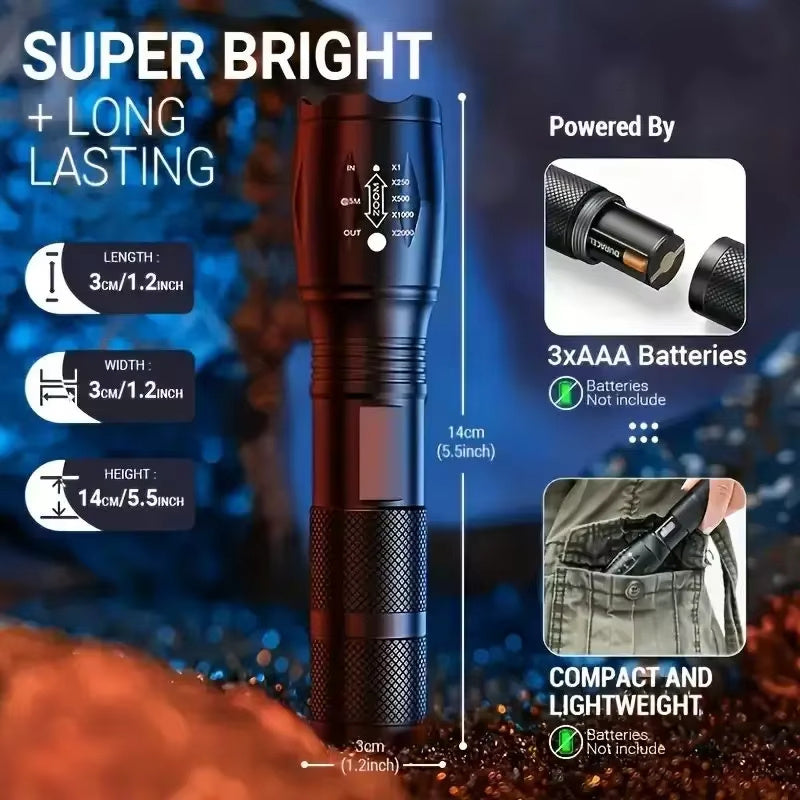 High Power LED Flashlight | 5 Lighting Modes | Zoom Focus | Waterproof | Aluminum Alloy Body