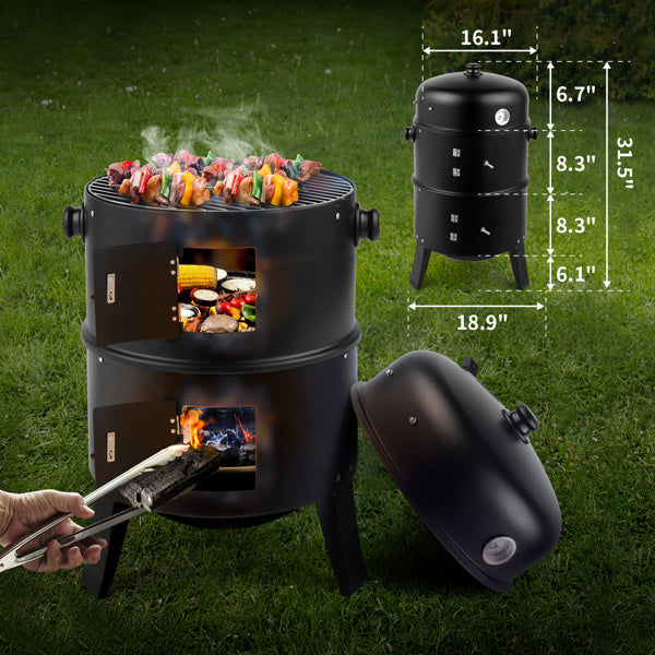 3-in-1 Portable Charcoal Smoker & Grill