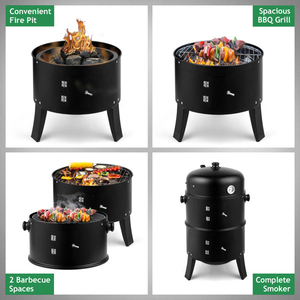 3-in-1 Portable Charcoal Smoker & Grill