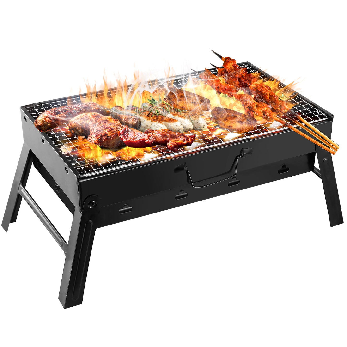 Fold‑Flat Charcoal Grill with Lid, Ventilation & Carry Handle