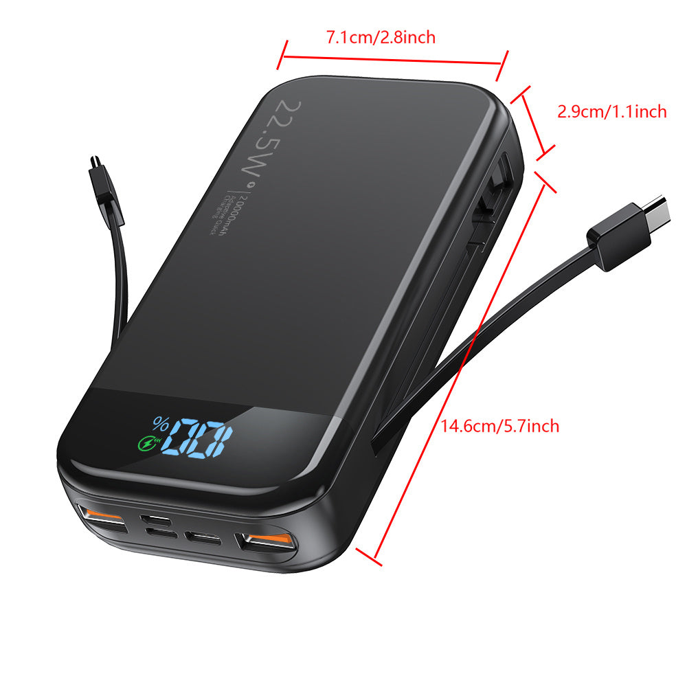 22.5 W 19 000 mAh Power Bank – Built‑In USB‑C / Lightning Cables, LCD & Dual Flashlight