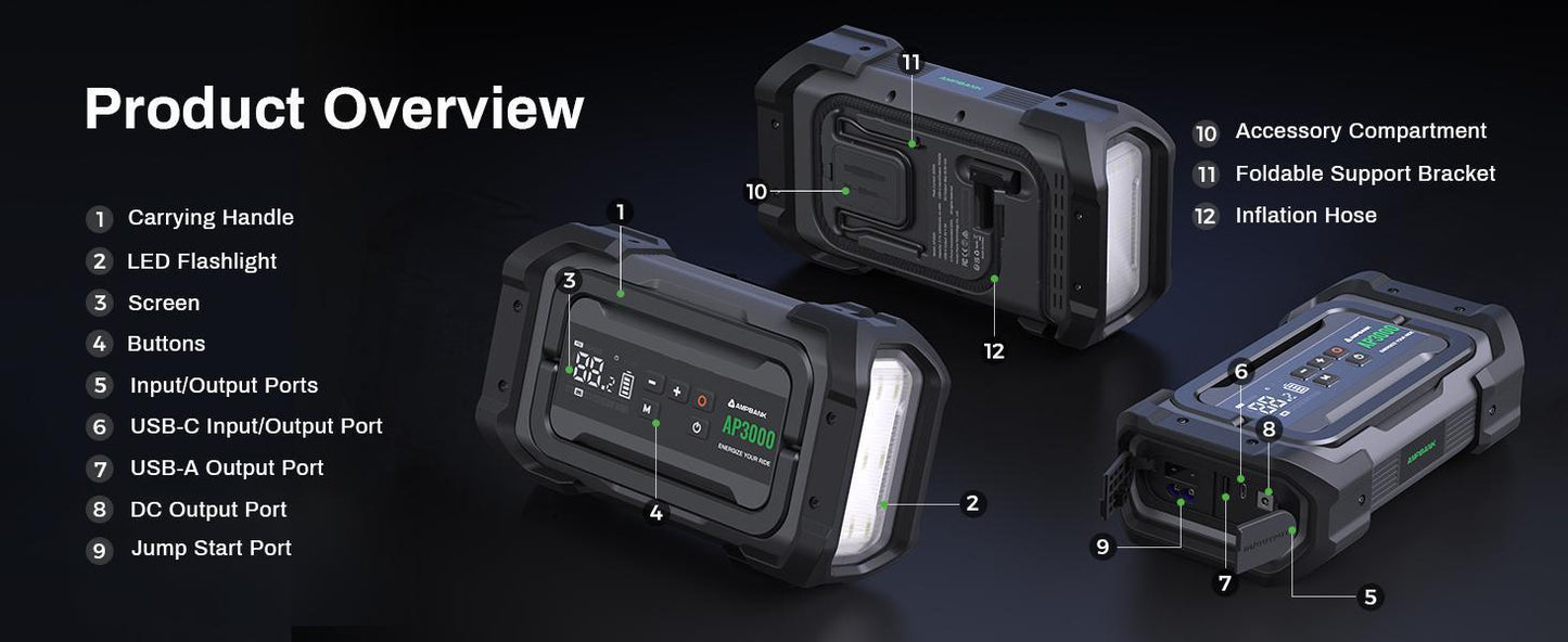 3000A Portable Car Emergency Jump Starter with Inflator, LED & Fast Charging