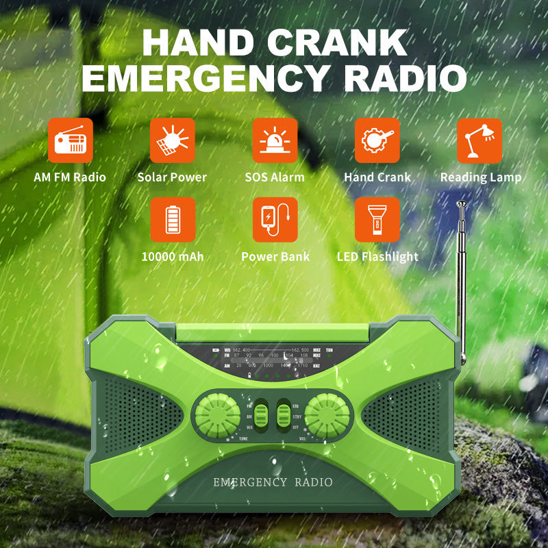 10,000mAh Emergency Radio | Hand Crank, Solar Power, LED, Power Bank, SOS Alarm
