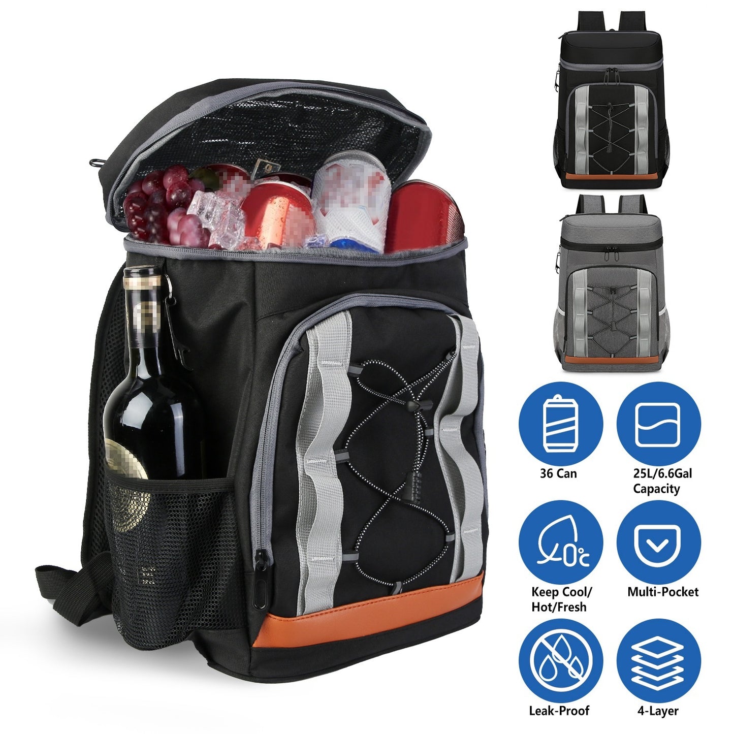 Leakproof 25L Insulated Backpack Water Resistant – Black/Grey