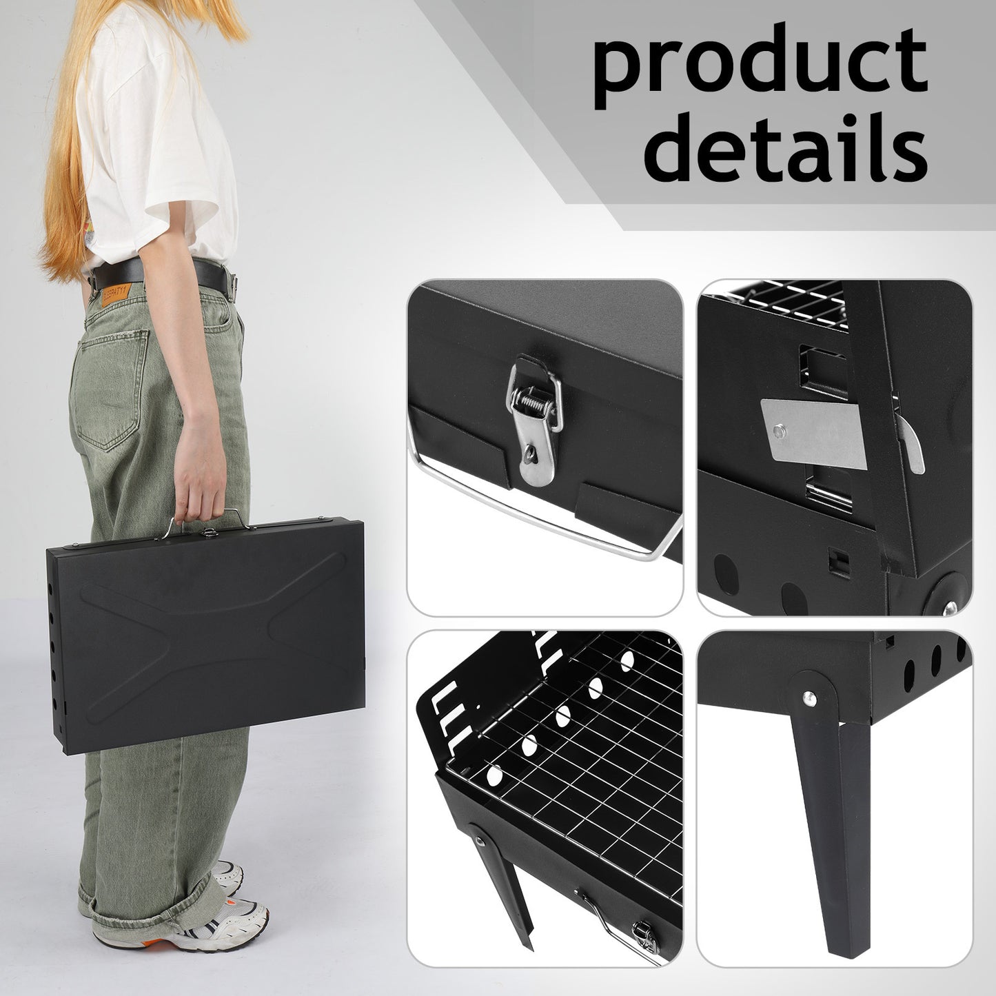 Portable Charcoal Grill with Lid and Adjustable Height