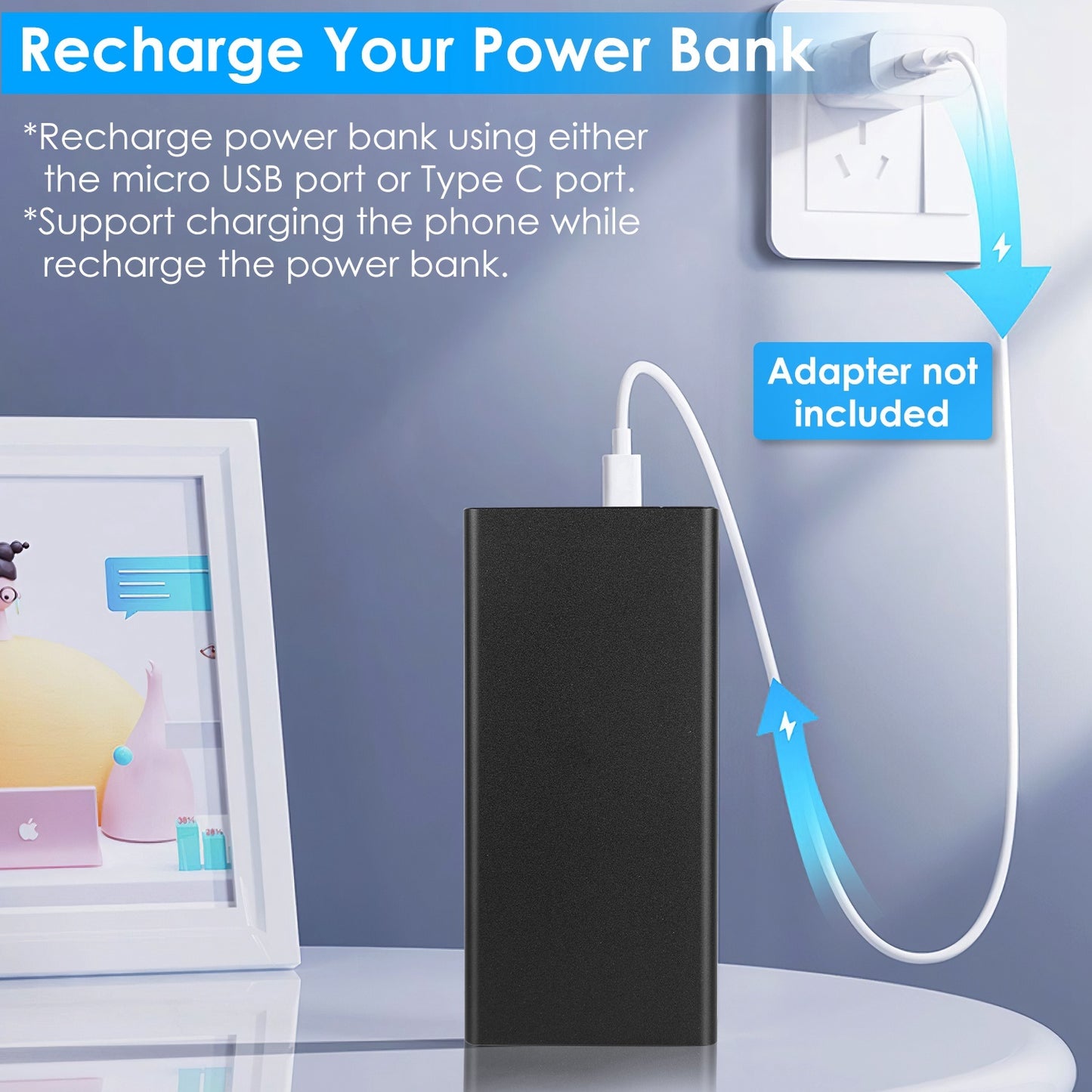 20 000 mAh Dual‑USB Power Bank – LCD & Emergency Flashlight