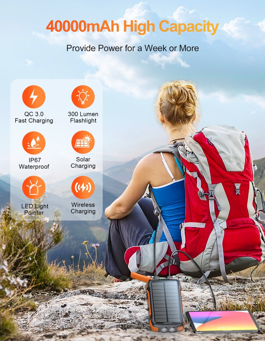 20 000 mAh Solar‑PD 20 W Power Bank – Wireless, IP67 & Triple‑LED