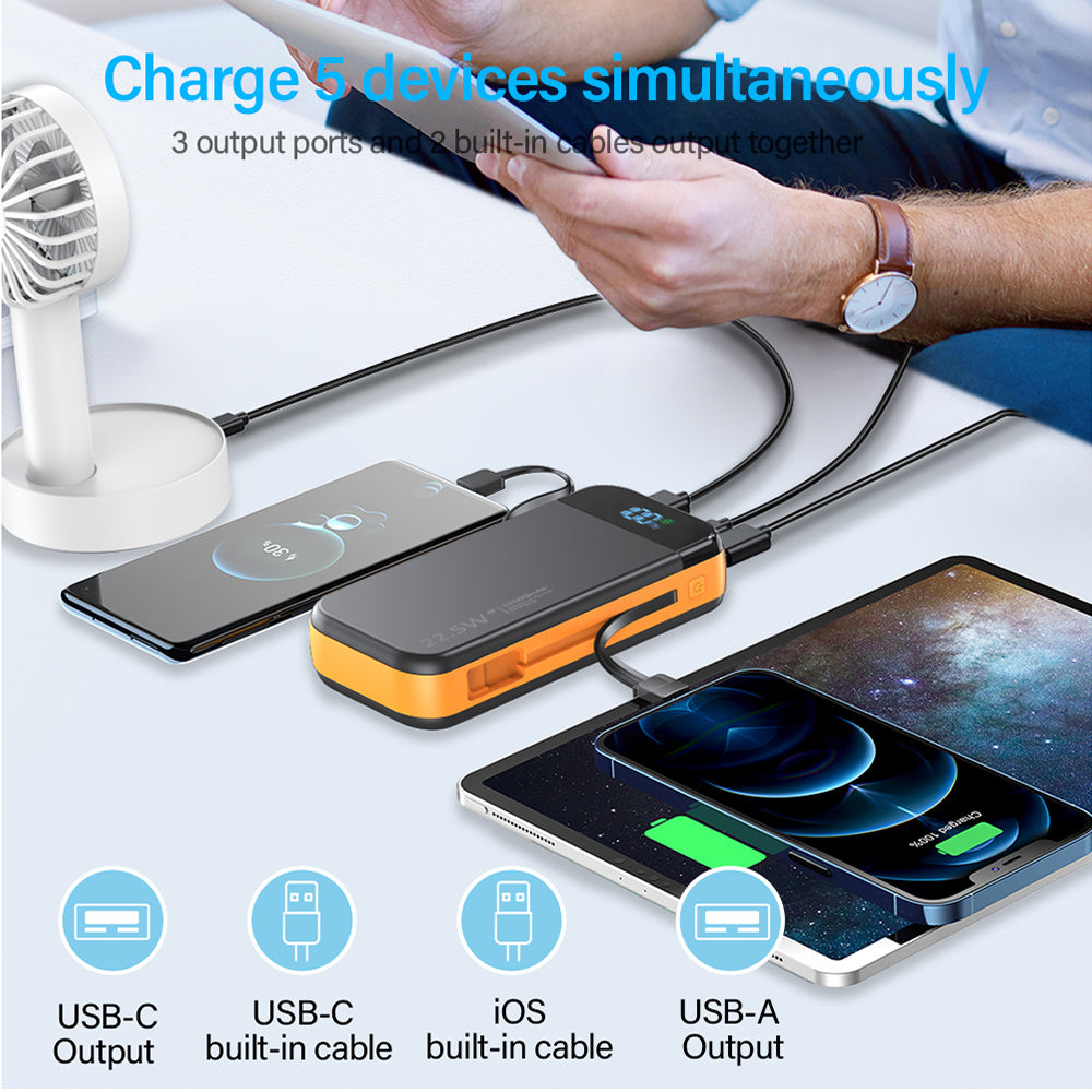 22.5 W 19 000 mAh Power Bank – Built‑In USB‑C / Lightning Cables, LCD & Dual Flashlight