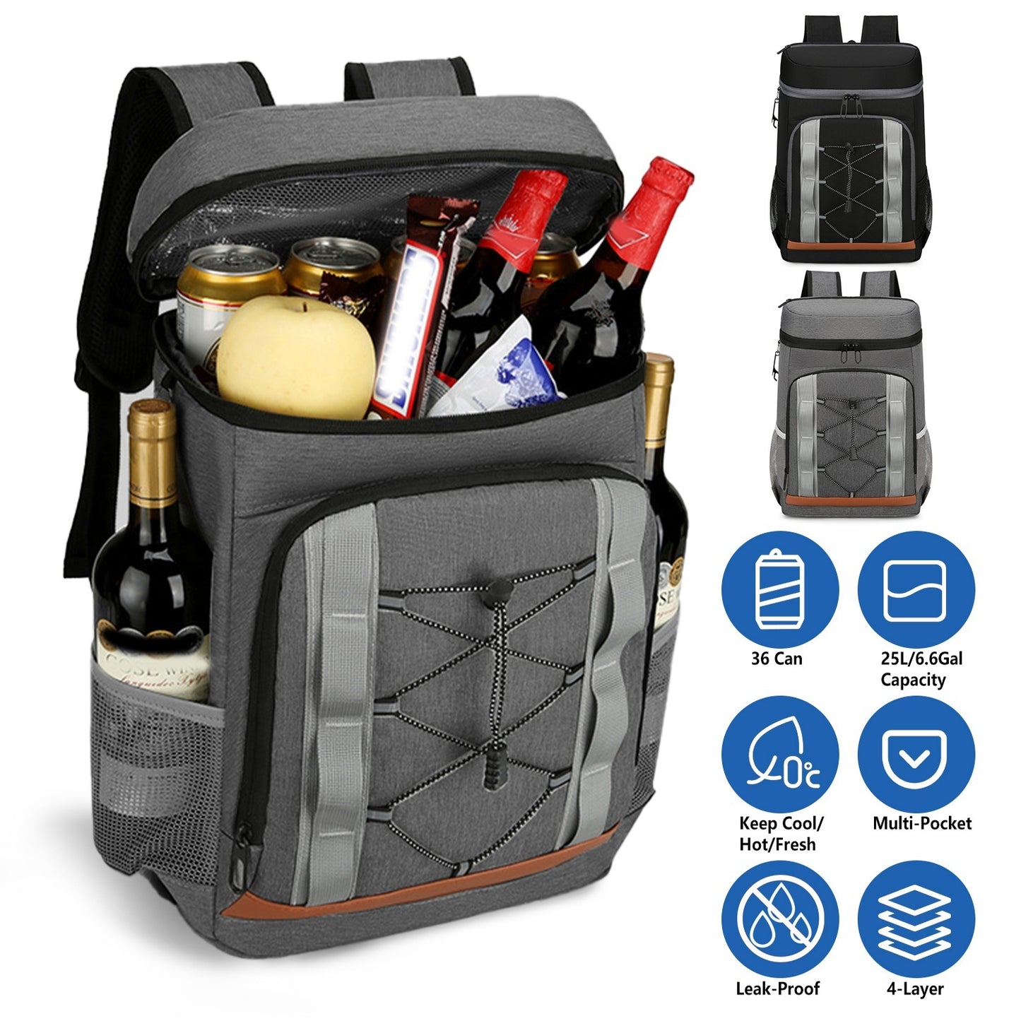 Leakproof 25L Insulated Backpack Water Resistant – Black/Grey