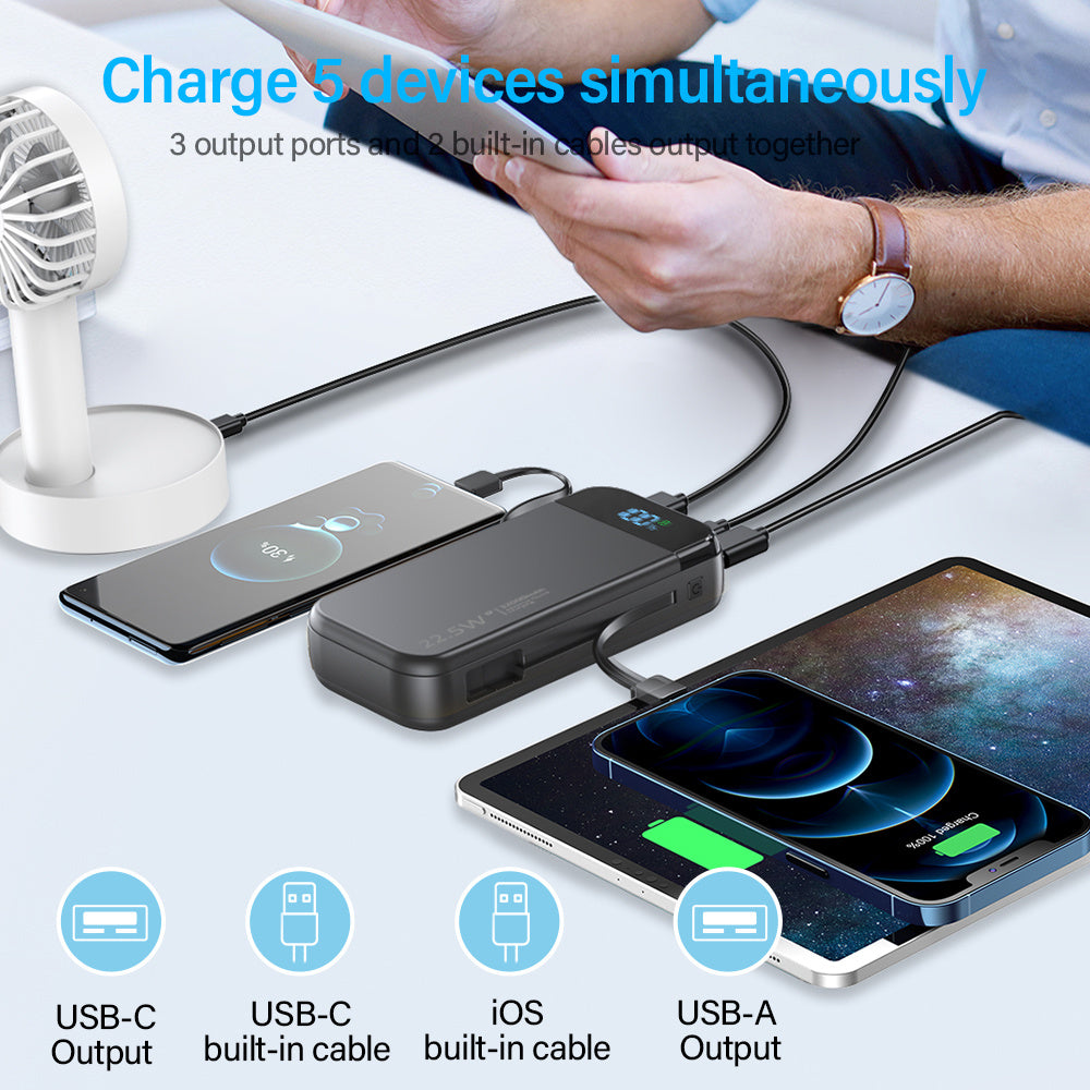 22.5 W 19 000 mAh Power Bank – Built‑In USB‑C / Lightning Cables, LCD & Dual Flashlight