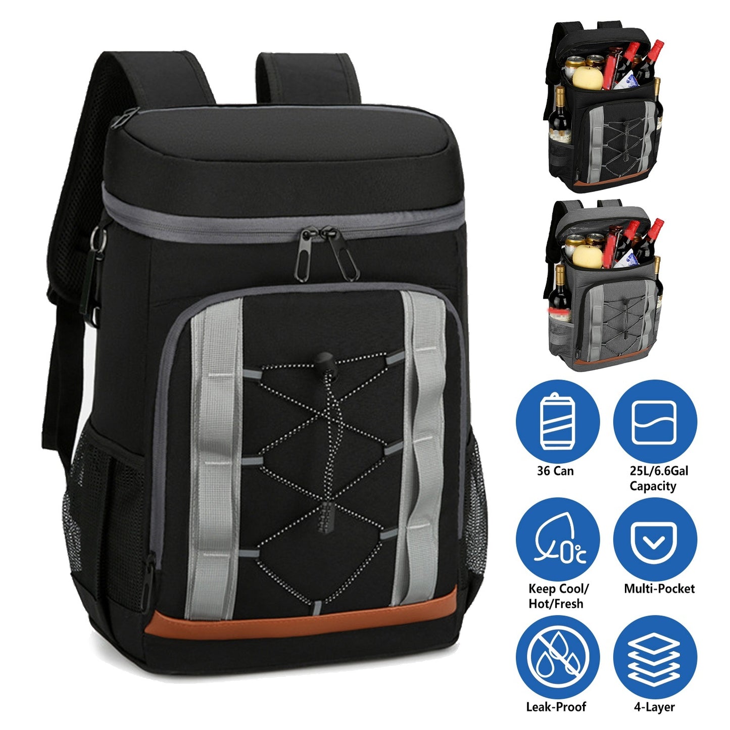 Leakproof 25L Insulated Backpack Water Resistant – Black/Grey