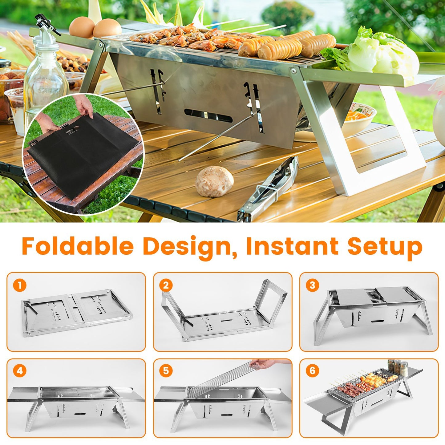 3‑in‑1 Foldable Stainless Steel Charcoal Grill