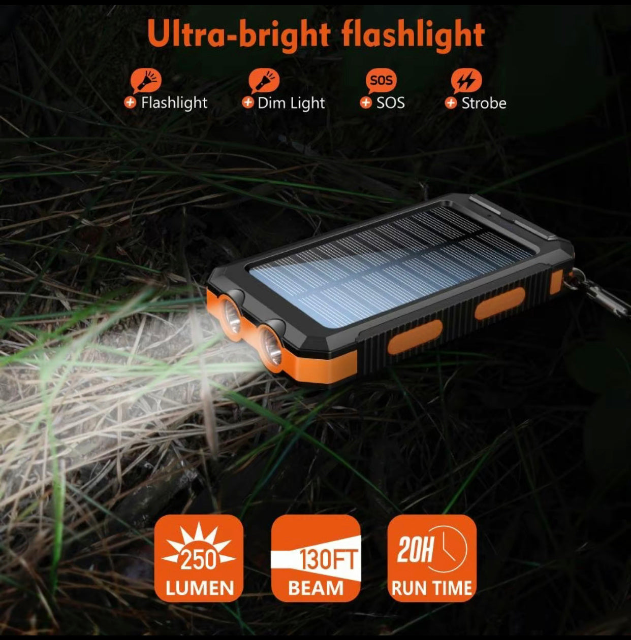 8 000 mAh Power Bank – Dual USB, Triple‑LED Flashlight & Solar Panel