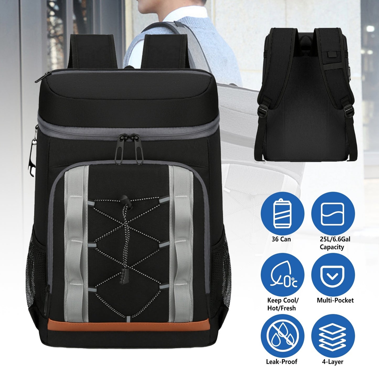Leakproof 25L Insulated Backpack Water Resistant – Black/Grey