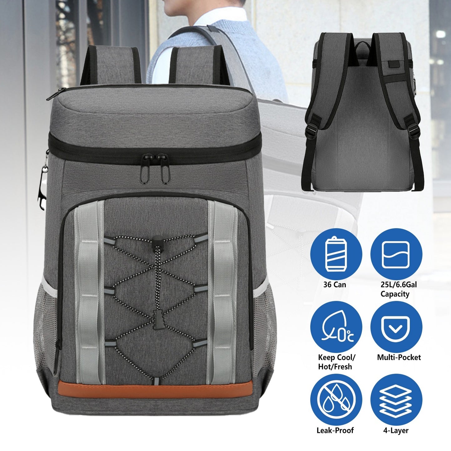 Leakproof 25L Insulated Backpack Water Resistant – Black/Grey