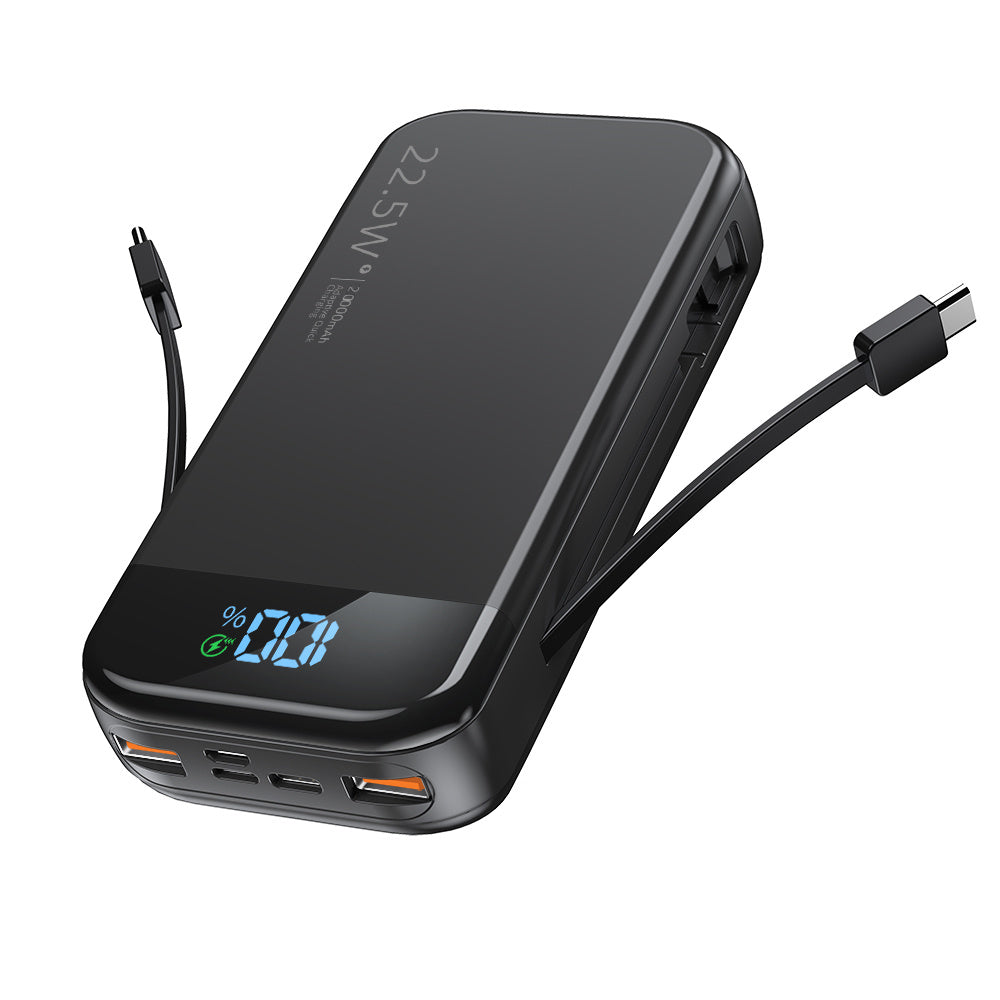 22.5 W 19 000 mAh Power Bank – Built‑In USB‑C / Lightning Cables, LCD & Dual Flashlight