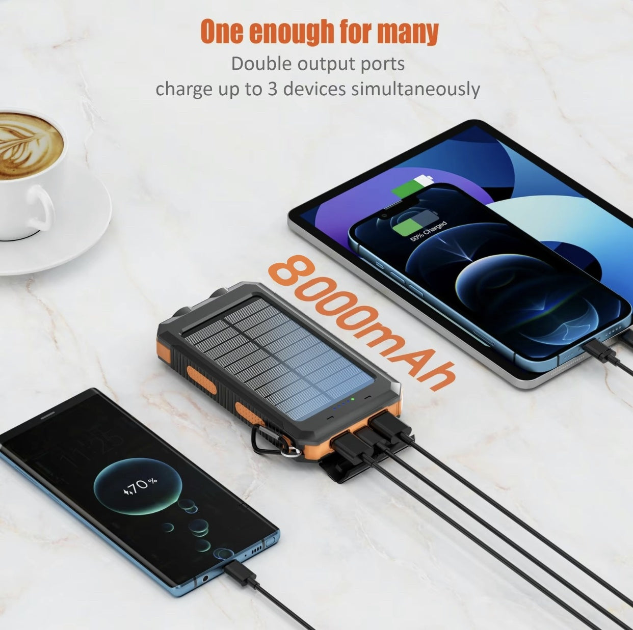 8 000 mAh Power Bank – Dual USB, Triple‑LED Flashlight & Solar Panel