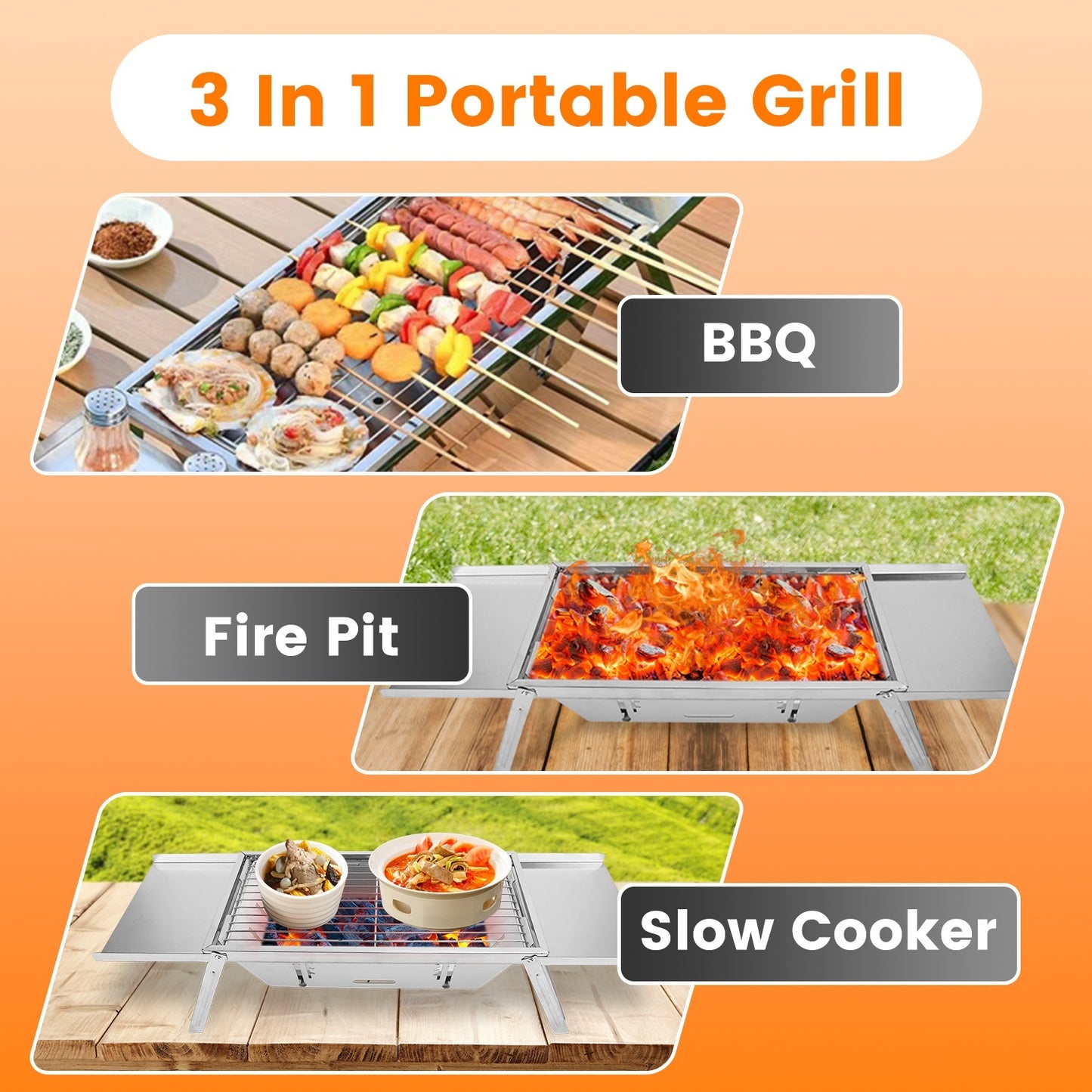 3‑in‑1 Foldable Stainless Steel Charcoal Grill
