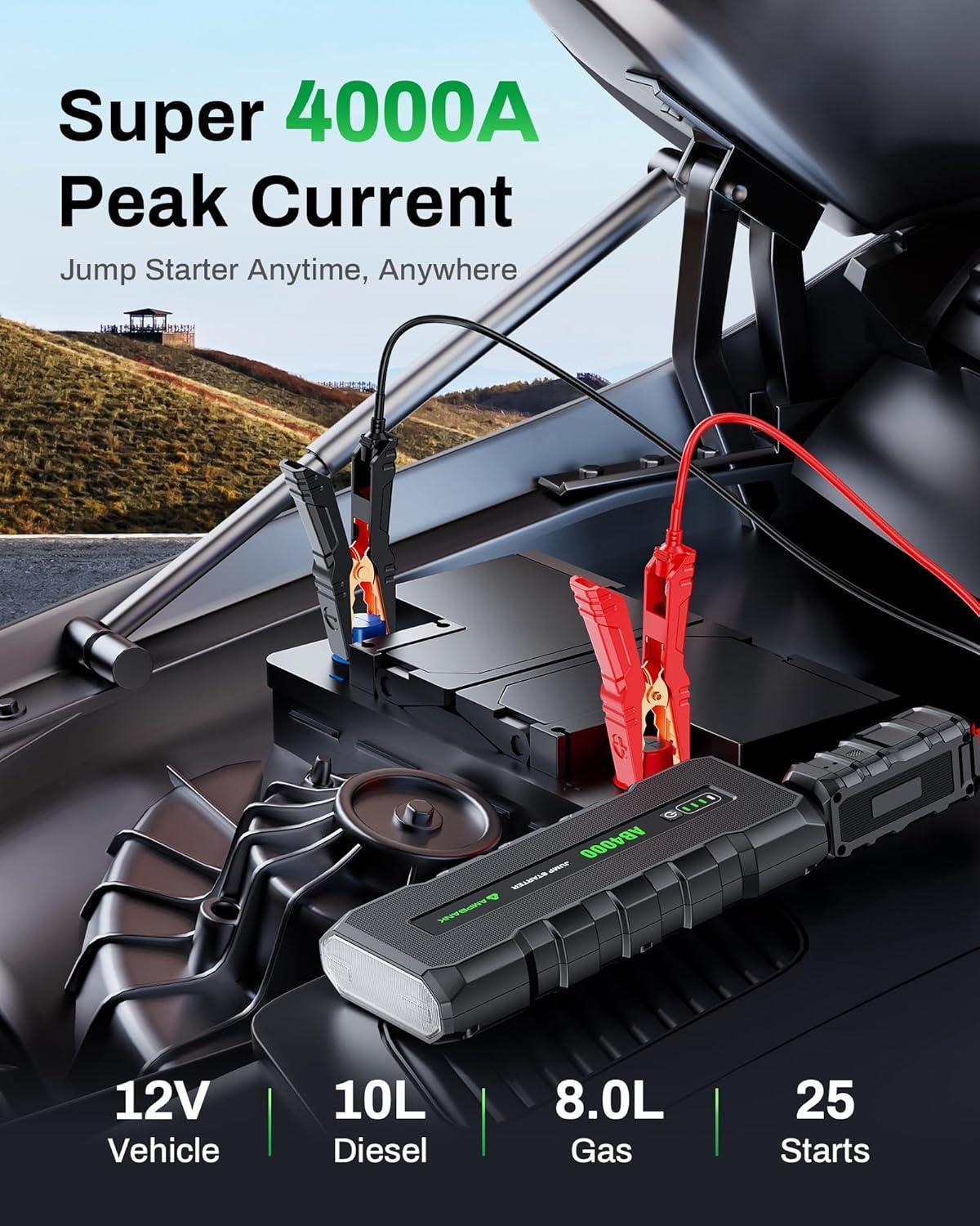 4000A Car Jump Starter with Air Compressor & LED – Fast Charging & EVA Case