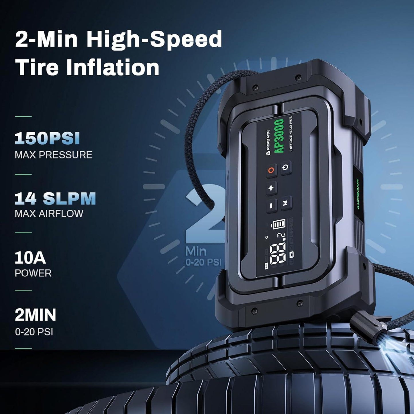 3000A Portable Car Emergency Jump Starter with Inflator, LED & Fast Charging