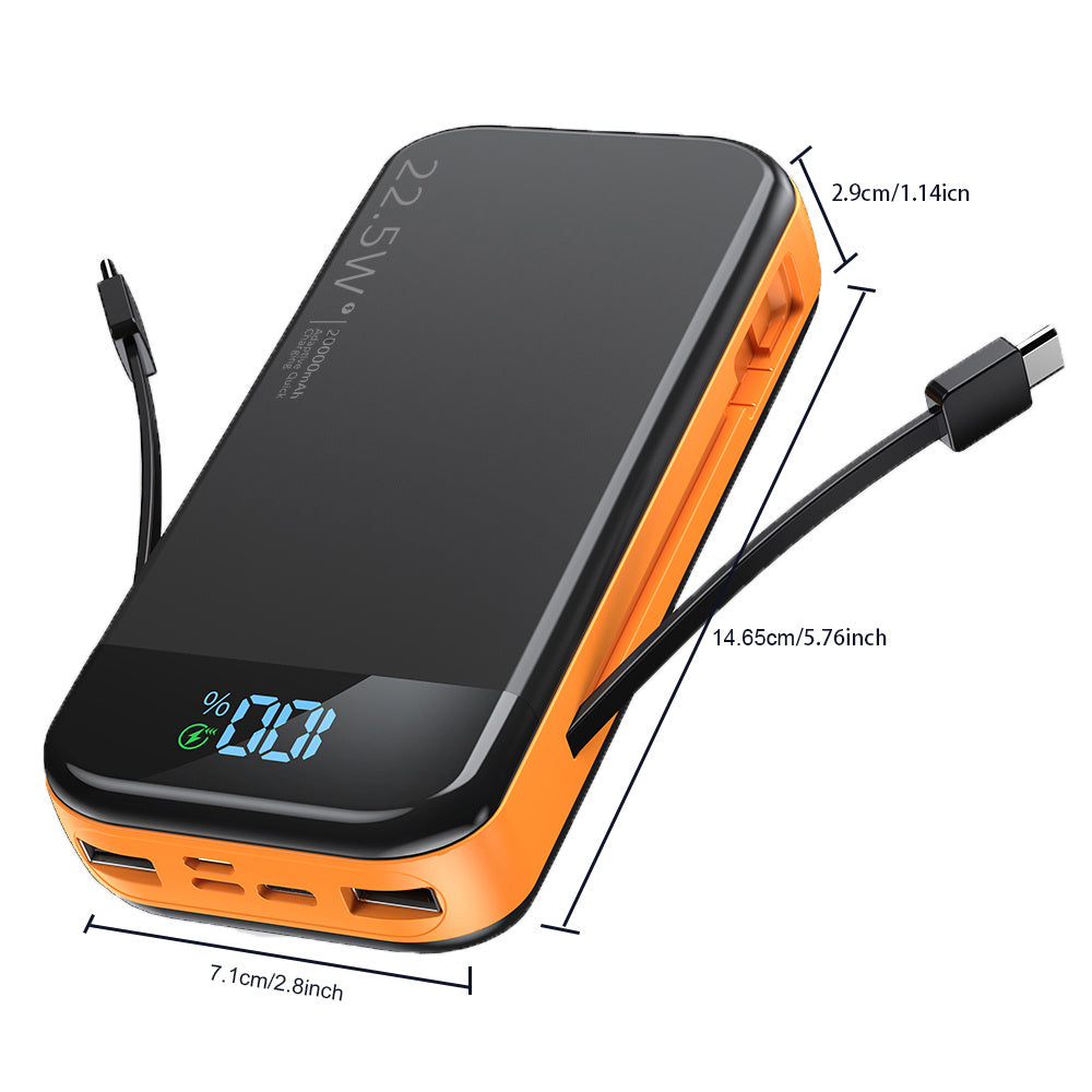 22.5 W 19 000 mAh Power Bank – Built‑In USB‑C / Lightning Cables, LCD & Dual Flashlight