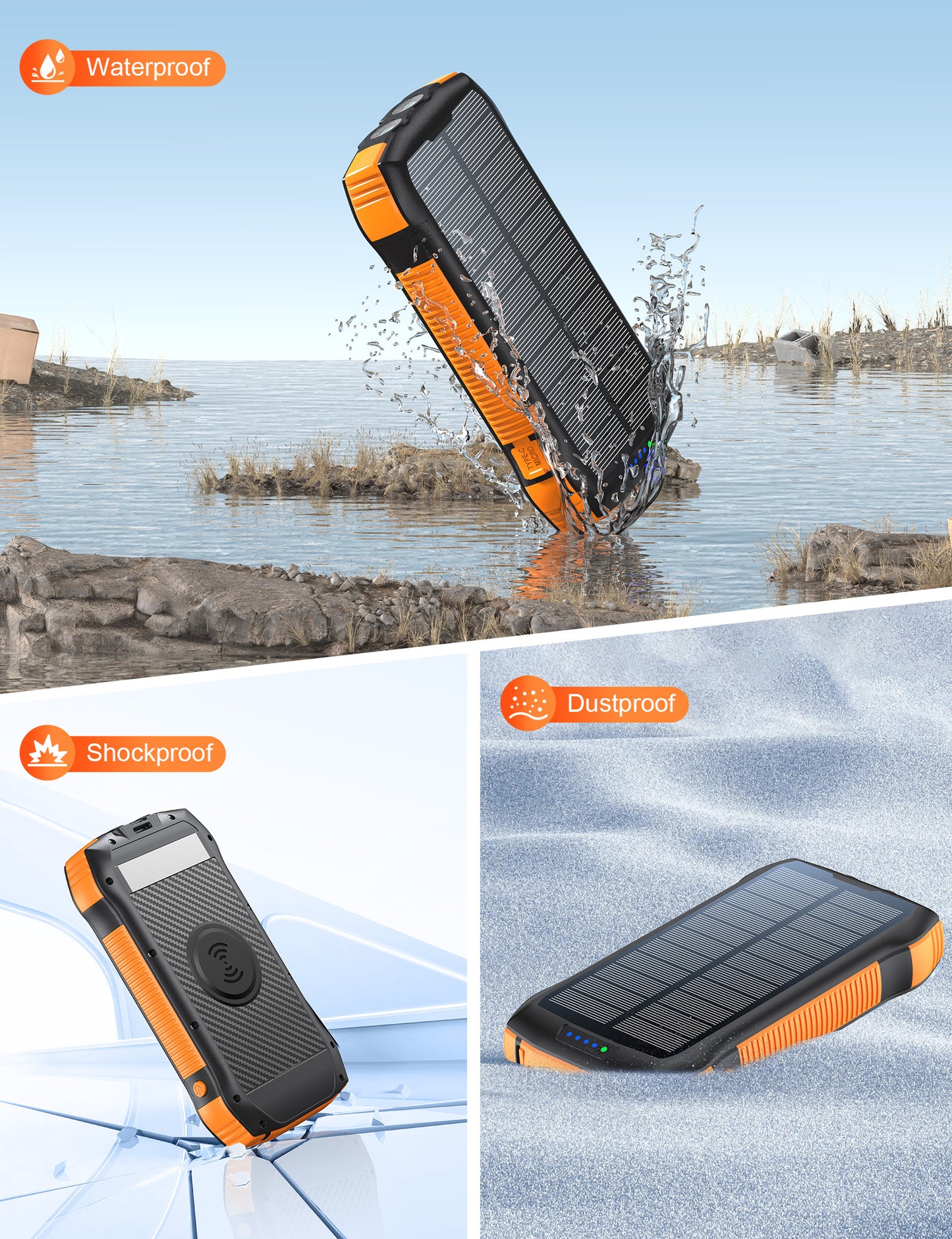 20 000 mAh Solar‑PD 20 W Power Bank – Wireless, IP67 & Triple‑LED