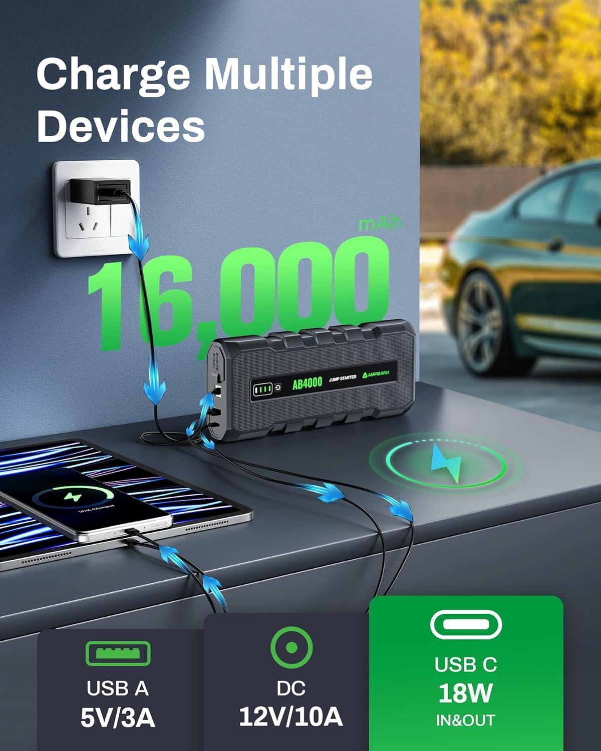 4000A Car Jump Starter with Air Compressor & LED – Fast Charging & EVA Case