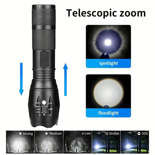 High Power LED Flashlight | 5 Lighting Modes | Zoom Focus | Waterproof | Aluminum Alloy Body