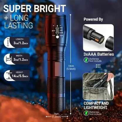 High Power LED Flashlight | 5 Lighting Modes | Zoom Focus | Waterproof | Aluminum Alloy Body