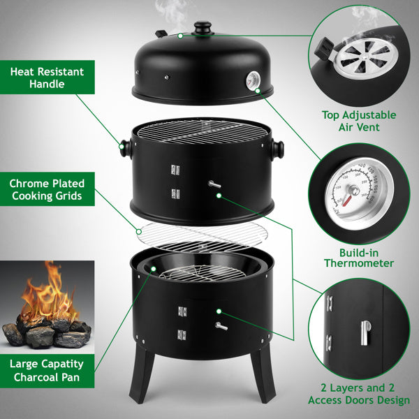 3-in-1 Portable Charcoal Smoker & Grill
