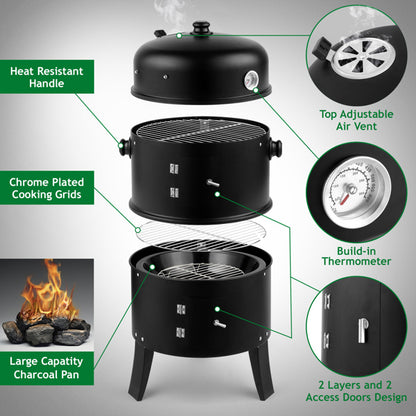 3-in-1 Portable Charcoal Smoker & Grill