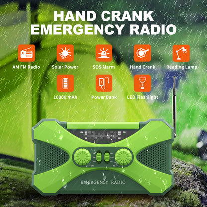 10,000mAh Emergency Radio | Hand Crank, Solar Power, LED, Power Bank, SOS Alarm