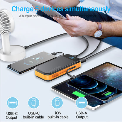 22.5 W 19 000 mAh Power Bank – Built‑In USB‑C / Lightning Cables, LCD & Dual Flashlight