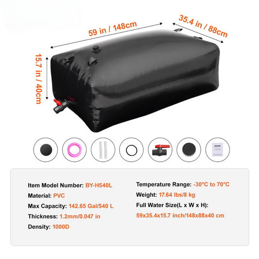 Portable 142.7 Gal (540L) Collapsible Water Storage Bladder – Black Emergency PVC Tank