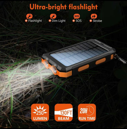 8 000 mAh Power Bank – Dual USB, Triple‑LED Flashlight & Solar Panel
